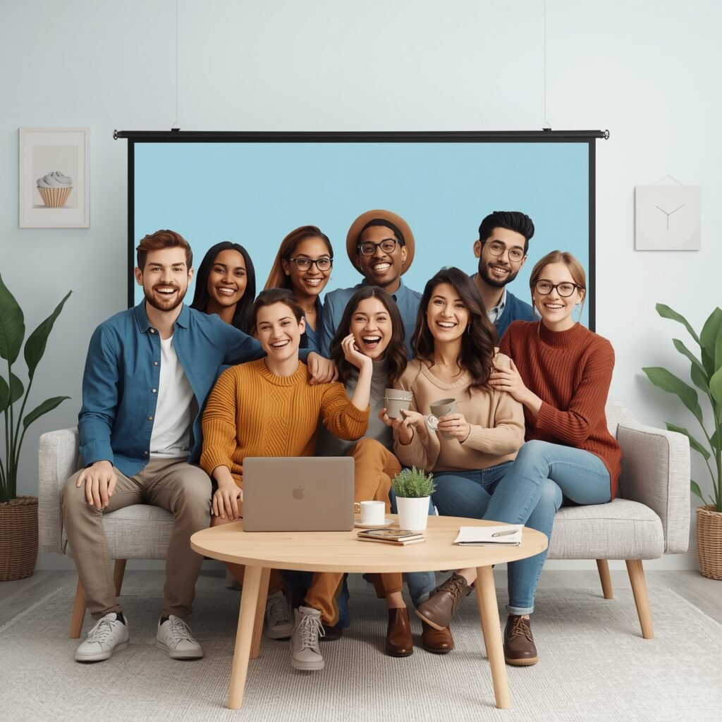 Grupo de adultos assistindo aula online juntos em ambiente moderno.