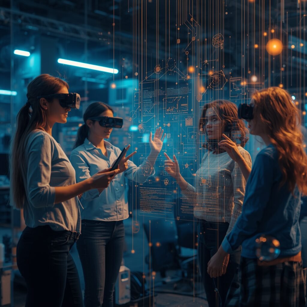 "Profissionais usando realidade virtual e analisando gráficos digitais, simbolizando carreiras emergentes e inovação tecnológica."