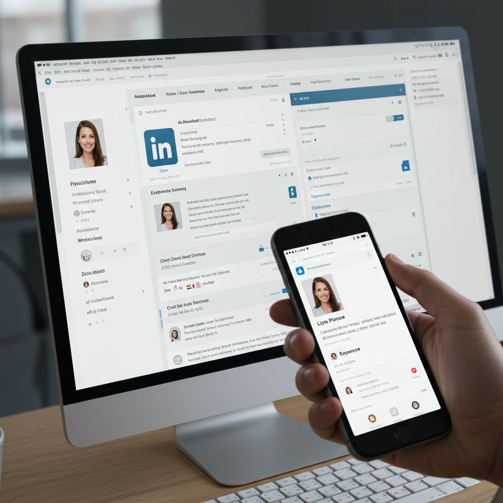 Tela de computador com perfil do LinkedIn e celular mostrando vagas.