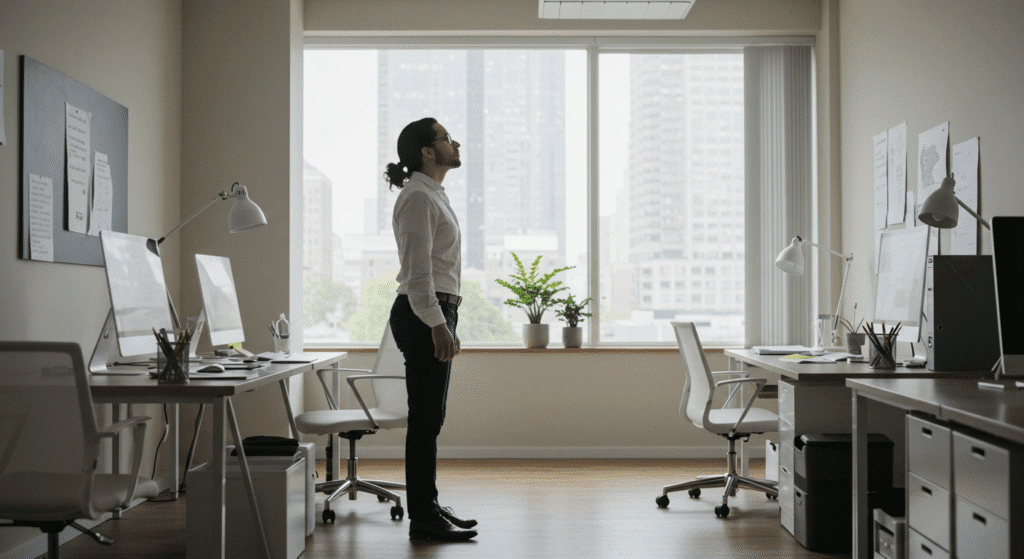 Profissional praticando técnicas de respiração e caminhada para reduzir estresse no trabalho.